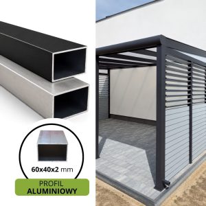 Profil aluminiowy 100x50x2 mm i zadaszenie z aluminium i paneli.
