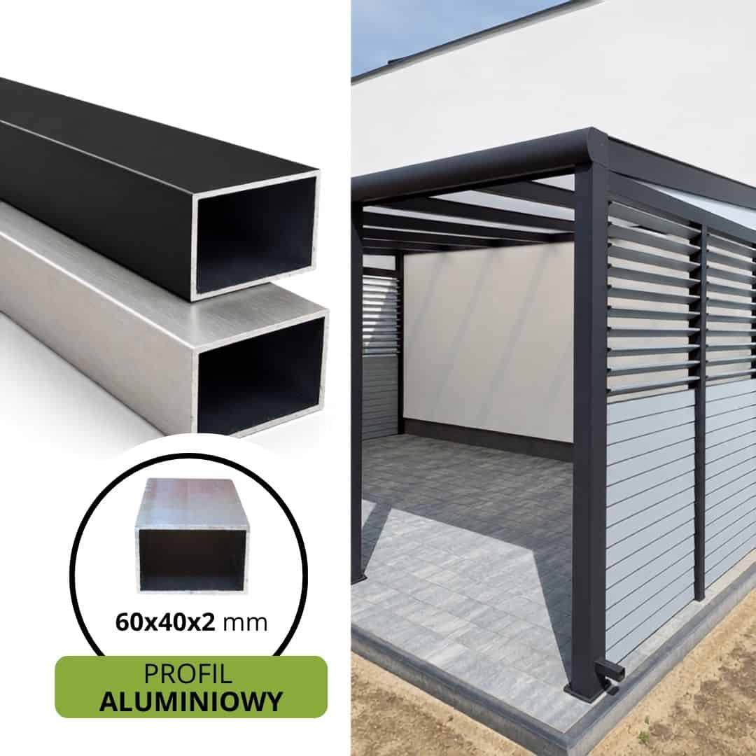 Profil aluminiowy 60 × 40 × 2 mm Profil aluminiowy 100x50x2 mm i zadaszenie z aluminium i paneli.