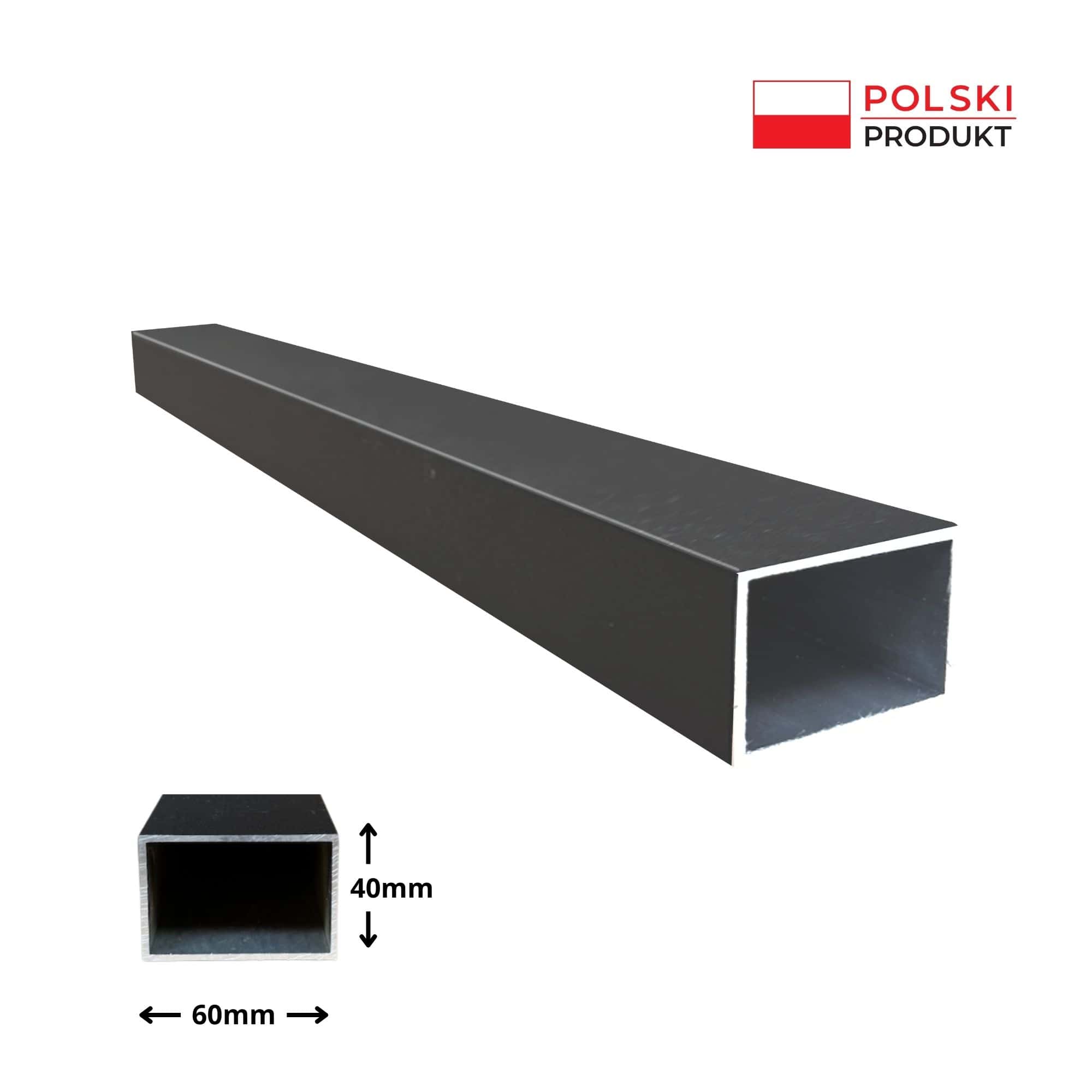 profil aluminiowy 60 x 40 malowany wymiary zdjęcie (3) Profil aluminiowy 100x50x2 mm, czarny, z polskim oznaczeniem produktu.